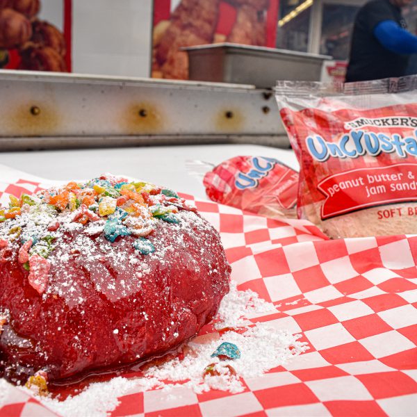 Chicken Charlies deeps fries an PB and J sandwich to bring one of him most colorful creations to the LA County Fair,